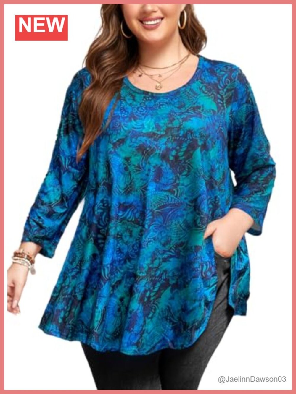 Plus Size Tunic Top 3/4 Sleeve Flowy Swing Blouse Soft Stretch